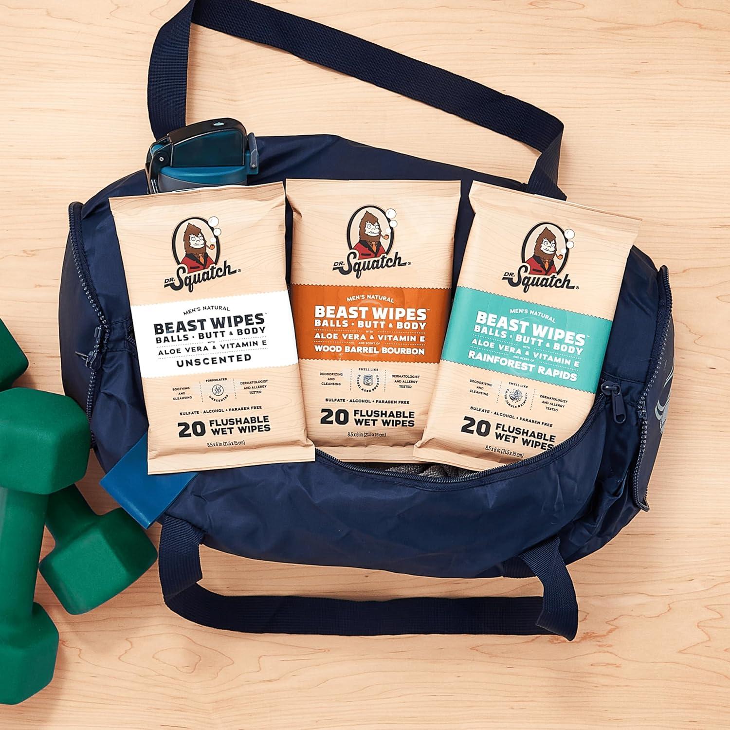 imageDr Squatch Beast Wipes Flushable Adult Wipes for Men Soothing and Refreshing 2 Pack Rainforest Rapids20 Count Pack of 2