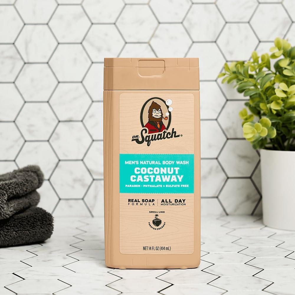 imageDr Squatch NEW Body Wash for Men with Nourishing Natural Ingredients No Paraben Phthalate Sulfate Wood Barrel Bourbon 14 oz Coconut Castaway ampamp Pine Tar 8 oz 2Pack ampamp Body ScrubberTropical Timberland