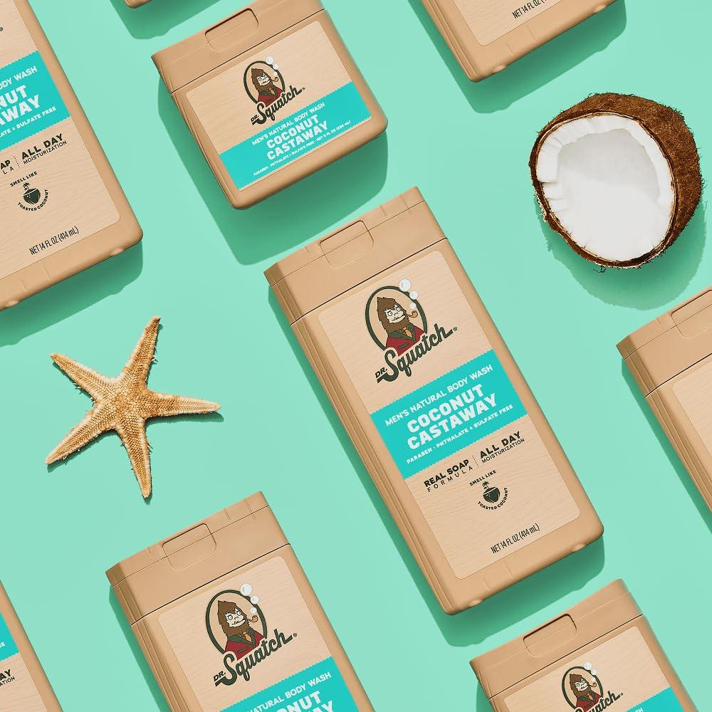 imageDr Squatch NEW Body Wash for Men with Nourishing Natural Ingredients No Paraben Phthalate Sulfate Wood Barrel Bourbon 14 oz Coconut Castaway ampamp Pine Tar 8 oz 2Pack ampamp Body ScrubberTropical Timberland