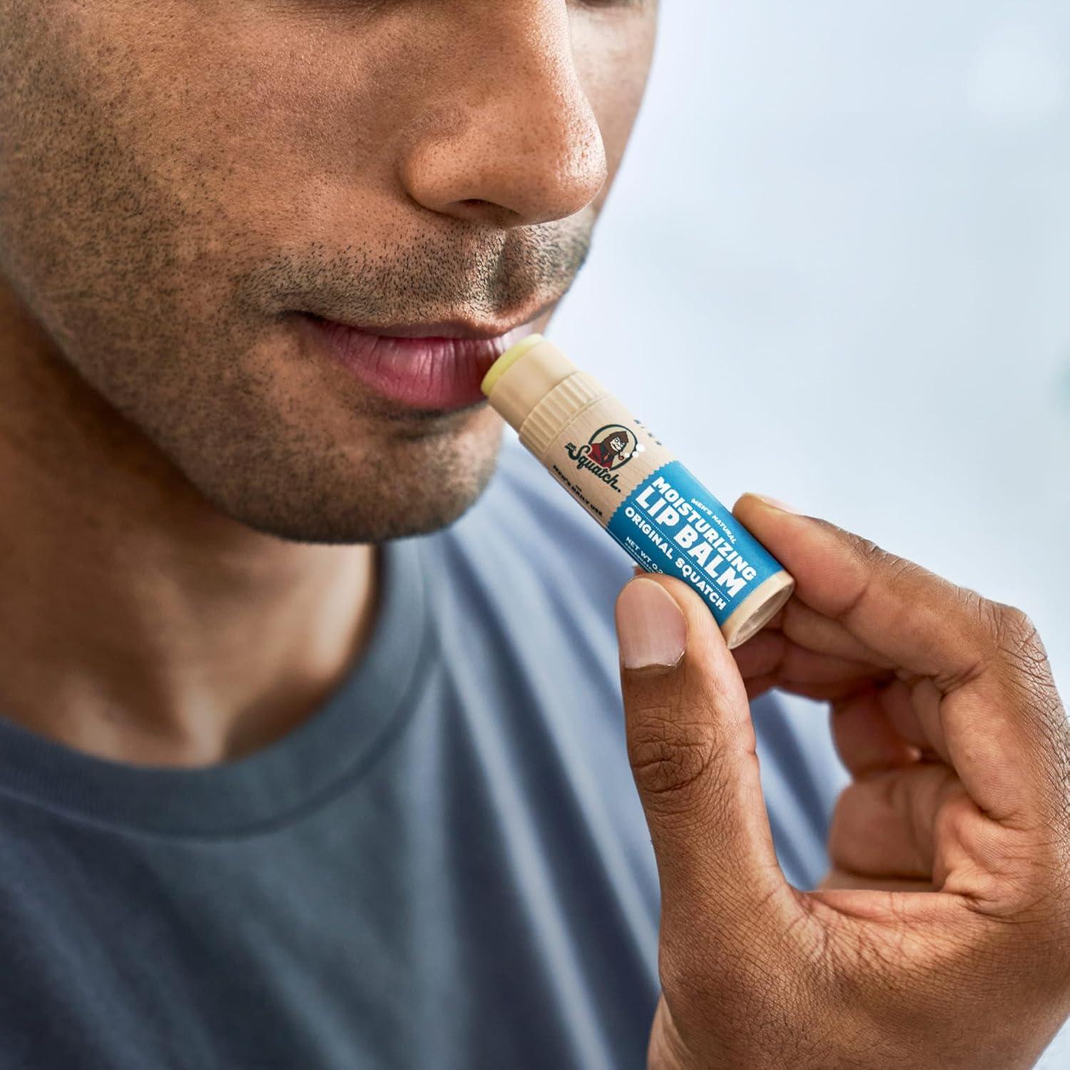 imageDr Squatch NEW Natural Lip Balm Petrolatum Paraben Artificial Flavorfree Shea Butter Beeswax Vitamin E Original Squatch Vanilla Bourbon Coconut Cove Wild Watermelon 025 oz 4 Pack