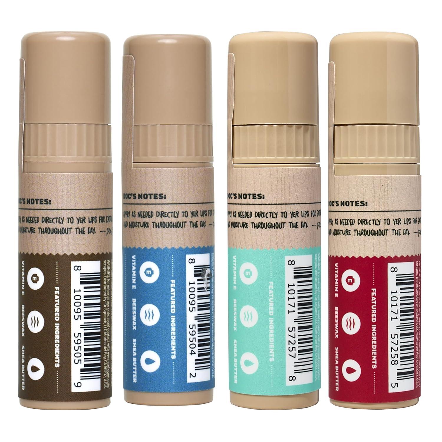 imageDr Squatch NEW Natural Lip Balm Petrolatum Paraben Artificial Flavorfree Shea Butter Beeswax Vitamin E Original Squatch Vanilla Bourbon Coconut Cove Wild Watermelon 025 oz 4 Pack