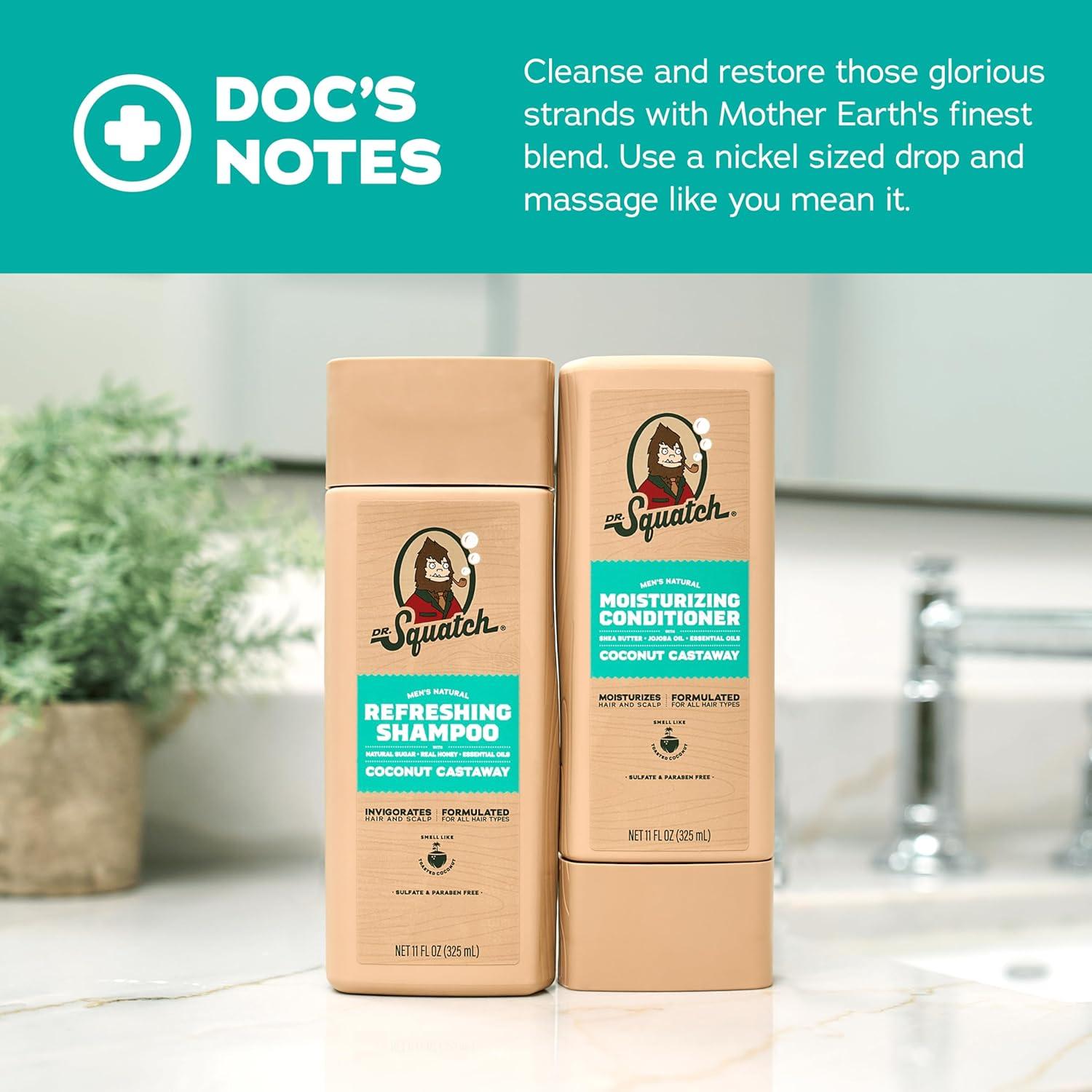 imageDr Squatch Natural Hair Bundle for Men Healthy Full Looking Hair Fresh Falls Shampoo 11 fl oz Fresh Falls Conditioner 11 fl ozCoconut Castaway