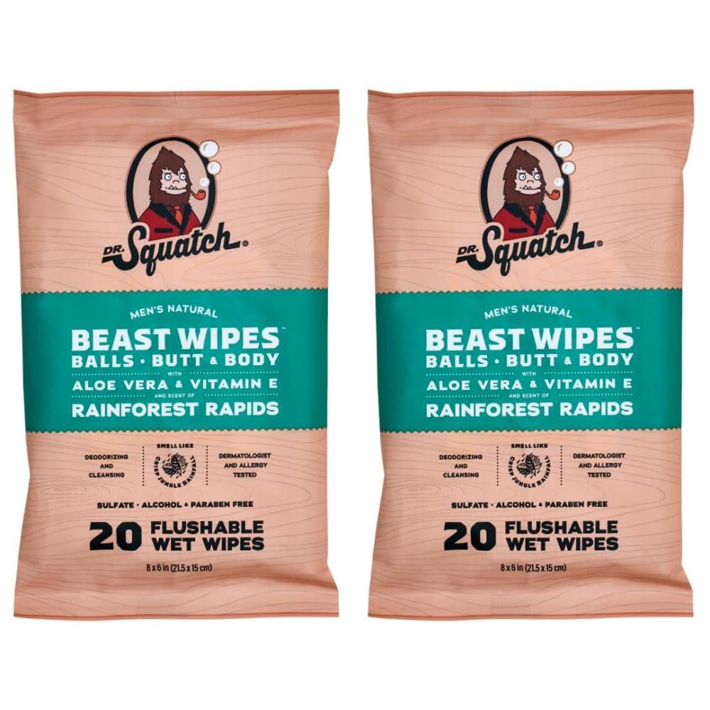 imageDr Squatch Beast Wipes Flushable Adult Wipes for Men Soothing and Refreshing 2 Pack Rainforest Rapids20 Count Pack of 2
