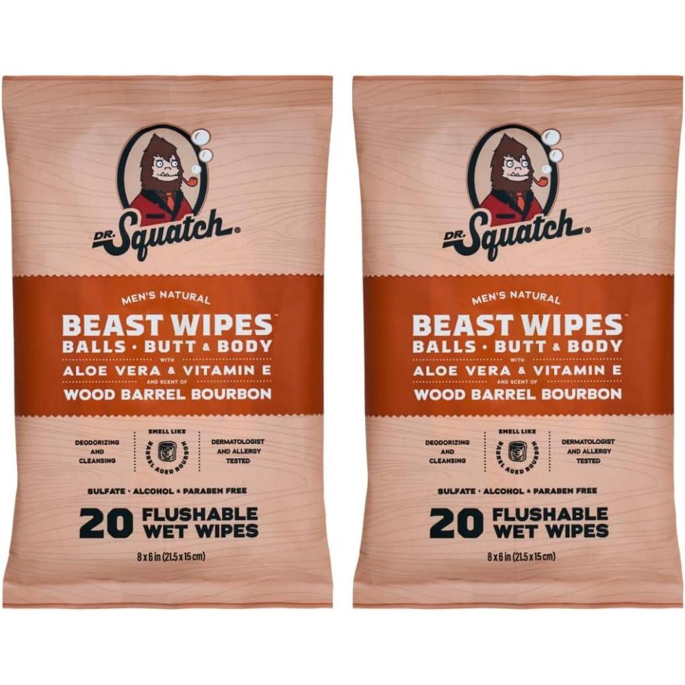 imageDr Squatch Beast Wipes  Flushable Adult Wipes for Men  Soothing and Refreshing  2 Pack Wood Barrel Bourbon