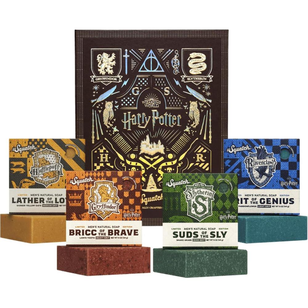 imageDr Squatch Harry Potter Collection with Collectors Box Mens Natural Bar Soap 4 Pack Bundle and Collectors Box Soap inspired by Gryffindor Slytherin Ravenclaw and Hufflepuff