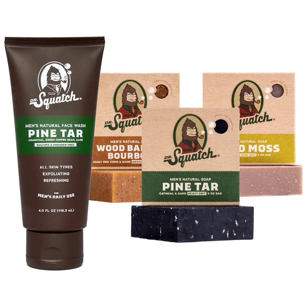 imageDr Squatch Mens Natural Face Wash and Bar Soap Bundle Pine Tar Exfoliating Face Wash made with Natural Ingredients Pine Tar Wood Barrel Bourbon and Gold Moss Bar Soap