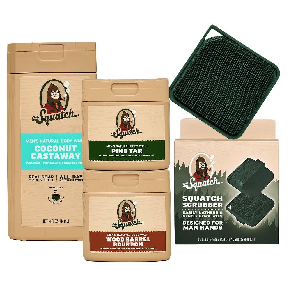 imageDr Squatch NEW Body Wash for Men with Nourishing Natural Ingredients  No Paraben Phthalate Sulfate  Wood Barrel Bourbon 14 oz Coconut Castaway ampamp Pine Tar 8 oz 2Pack ampamp Body ScrubberTropical Timberland