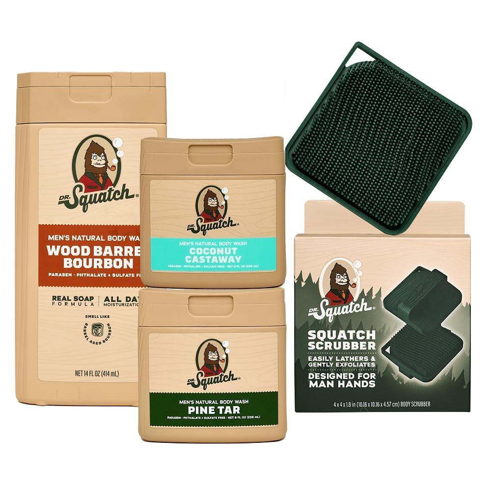 imageDr Squatch NEW Body Wash for Men with Nourishing Natural Ingredients No Paraben Phthalate Sulfate Wood Barrel Bourbon 14 oz Coconut Castaway ampamp Pine Tar 8 oz 2Pack ampamp Body ScrubberIsland Infusion