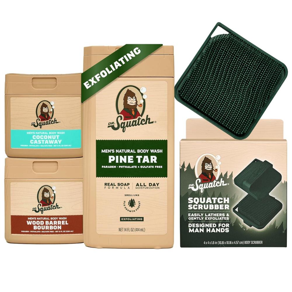 imageDr Squatch NEW Body Wash for Men with Nourishing Natural Ingredients No Paraben Phthalate Sulfate Wood Barrel Bourbon 14 oz Coconut Castaway ampamp Pine Tar 8 oz 2Pack ampamp Body ScrubberRustic Escape