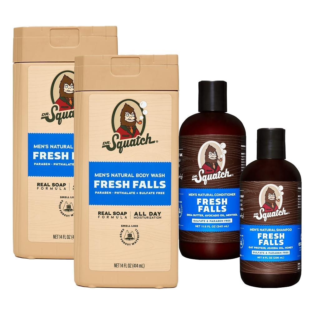imageDr Squatch NEW Natural Body Wash and Hair Kit for Men Gift Set  No Paraben Phthalate Sulfate  Fresh Falls Body Wash 14 oz 2Pack Shampoo 8 fl oz ampamp Conditioner 115 fl ozFresh Falls