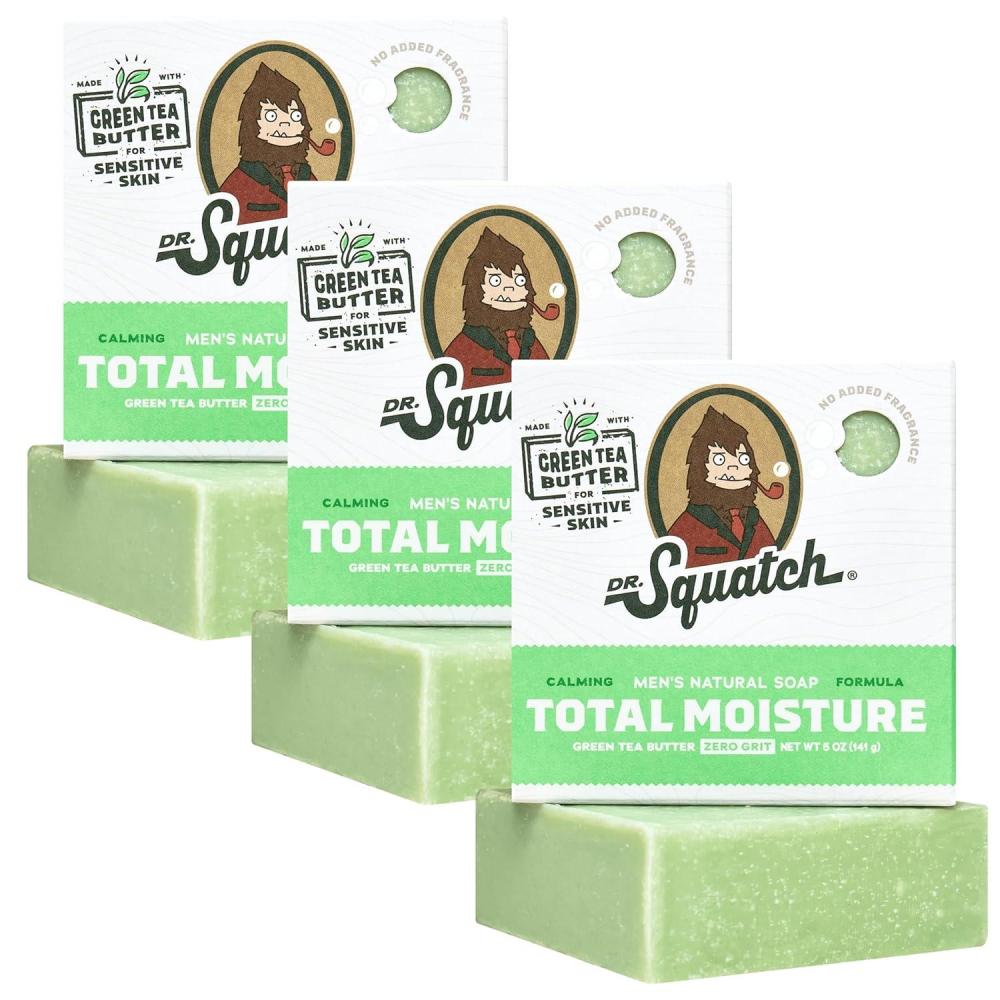 imageDr Squatch NEW Total Moisture Bar Soap for Men No Added Fragrance Formulated for Sensitive Skin Shea Butter 5 oz 3packGreen Tea
