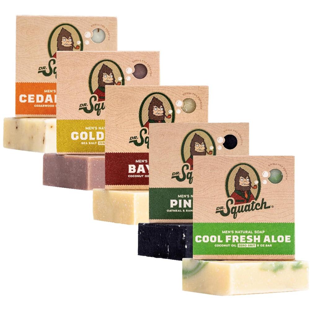 imageDr Squatch Natural Bar Soap for Men Variety Gift Set  Cold Process Soap No Harsh Chemicals  Rainforest Rapids Coconut Castaway Fresh Falls Summer Citrus ampamp Eucalyptus Greek Yogurt 5 oz 5PackLumberjack Lather