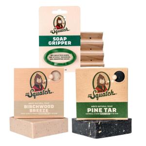 Dr. Squatch Basic Squatch Forest Pack – Pine Tar and Birchwood Breeze – Handmade Bar Soap With Organic Oils, Soap Gripper and Saver