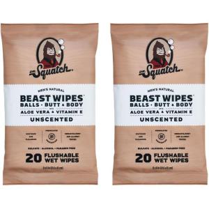 Dr. Squatch Beast Wipes – Flushable Adult Wipes for Men – Soothing and Refreshing – 2 Pack Unscented
