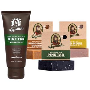 Dr. Squatch Men’s Natural Face Wash and Bar Soap Bundle – Pine Tar Exfoliating Face Wash made with Natural Ingredients – Pine Tar, Wood Barrel Bourbon, and Gold Moss Bar Soap