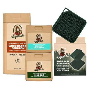 Dr. Squatch NEW Body Wash for Men with Nourishing, Natural Ingredients | No Paraben, Phthalate, Sulfate | Wood Barrel Bourbon (14 oz), Coconut Castaway & Pine Tar (8 oz, 2-Pack) & Body Scrubber(Island Infusion)