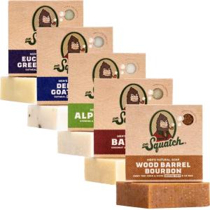 Dr. Squatch Natural Bar Soap for Men Variety Gift Set – Cold Process Soap No Harsh Chemicals – Rainforest Rapids, Coconut Castaway, Fresh Falls, Summer Citrus & Eucalyptus Greek Yogurt (5 oz, 5-Pack)(Highland Heritage)