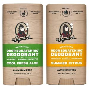 Dr. Squatch Natural Deodorant for Men – Odor-Squatching Aluminum Free – Coconut Castaway & Fresh Falls (2.65 oz, 2-Pack)(Aloe & Zest)