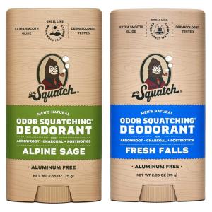 Dr. Squatch Natural Deodorant for Men – Odor-Squatching Aluminum Free – Coconut Castaway & Fresh Falls (2.65 oz, 2-Pack)(Alpine Waters)