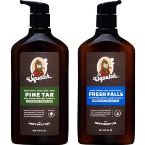 Dr. Squatch Natural Hand and Body Lotion for Men – Made with Shea Butter, Coconut Oil, Vitamin E for 24-Hr Moisturization – Pine Tar & Fresh Falls (10 fl oz, 2-Pack)
