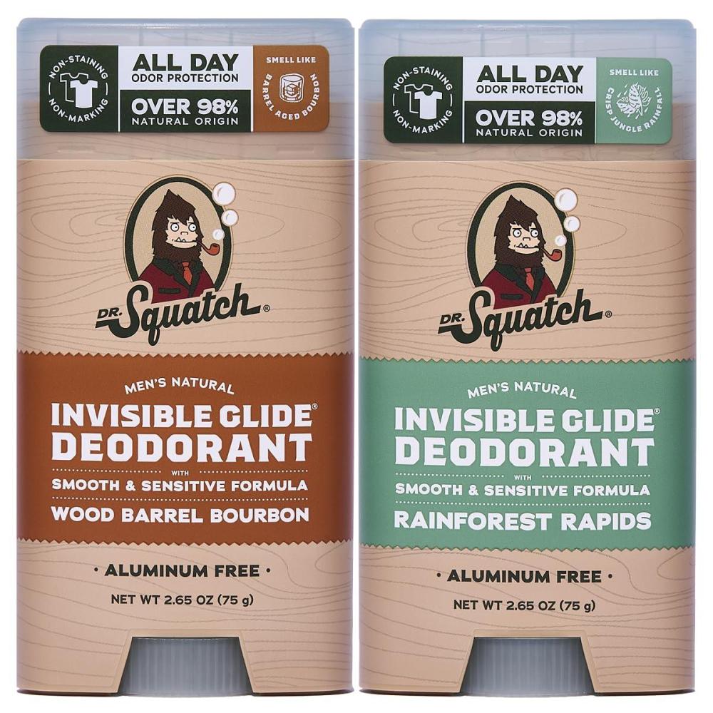 imageDr Squatch Invisible Glide Natural Mens Deodorant  Smooth Glide No Stains  Aluminum Free Deodorant Men  Safe for Sensitive Skin  Wood Barrel Bourbon  Rainforest Rapids 265oz 2Pack