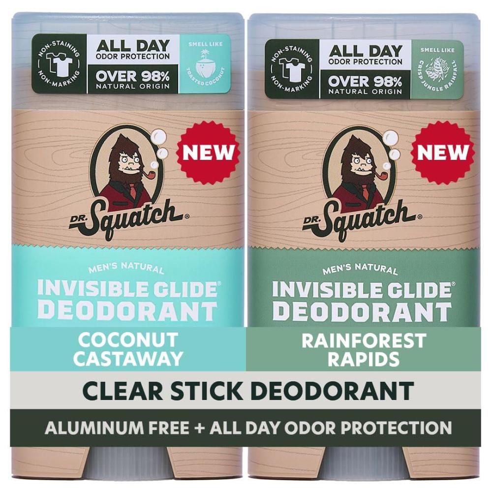 imageDr Squatch Invisible Glide Natural Mens Deodorant  Smooth Glide No Stains  Aluminum Free Deodorant Men  Safe for Sensitive Skin  Coconut Castaway  Rainforest Rapids 265oz 2PackTropical Canopy