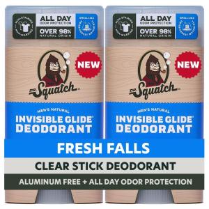 Dr. Squatch Invisible Glide Natural Men’s Deodorant – Smooth Glide, No Stains – Aluminum Free Deodorant Men – Safe for Sensitive Skin – Coconut Castaway + Rainforest Rapids, 2.65oz (2-Pack)(Fresh)