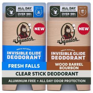 Dr. Squatch Invisible Glide Natural Men’s Deodorant – Smooth Glide, No Stains – Aluminum Free Deodorant Men – Safe for Sensitive Skin – Coconut Castaway + Rainforest Rapids, 2.65oz (2-Pack)(Cascade Reserve)
