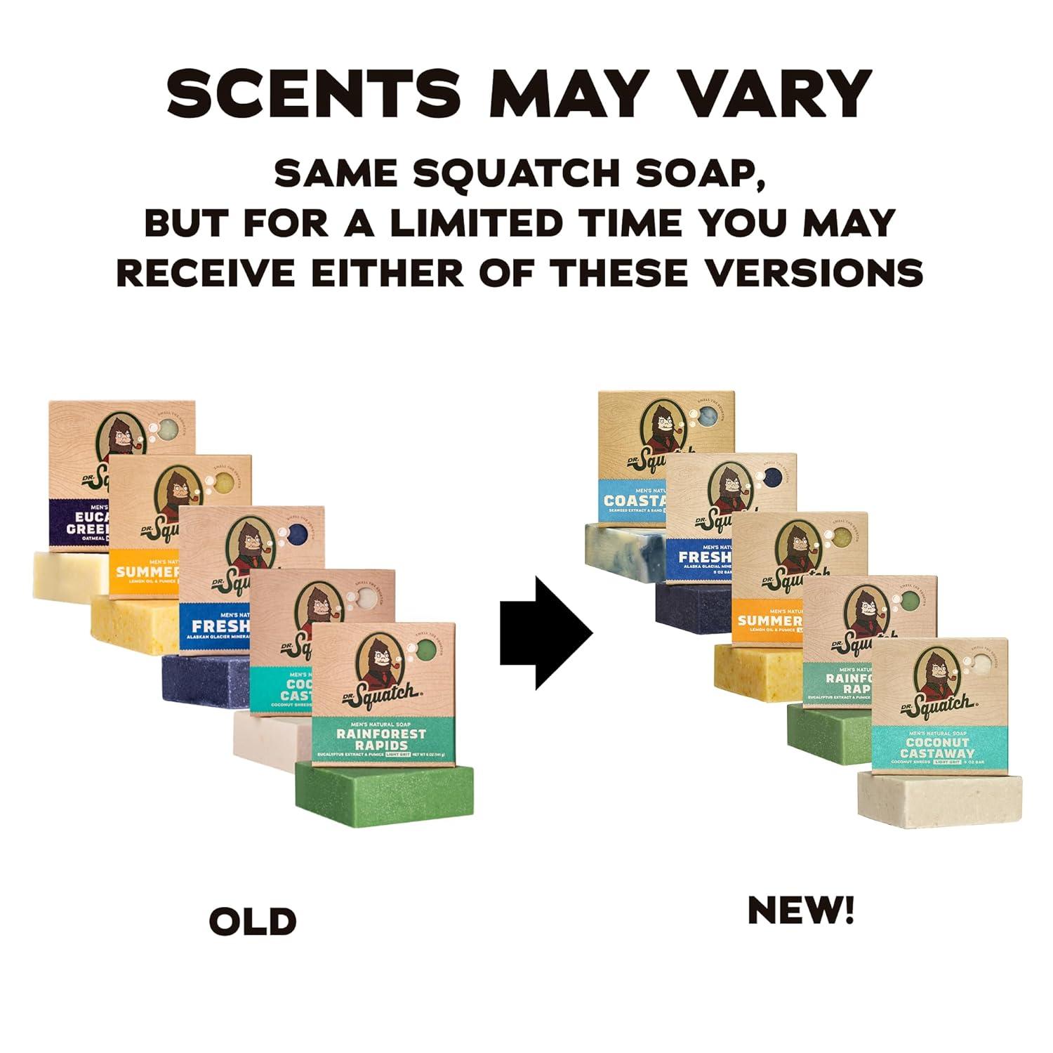 imageDr Squatch Natural Mens Bar Soap Cold Process Body Soap Bar with Natural Oils Gifts for Men Coconut Castaway Wood Barrel Bourbon Fresh Falls Birchwood Breeze amp Coastal Mist 5 oz 5PackSunbreak Shores