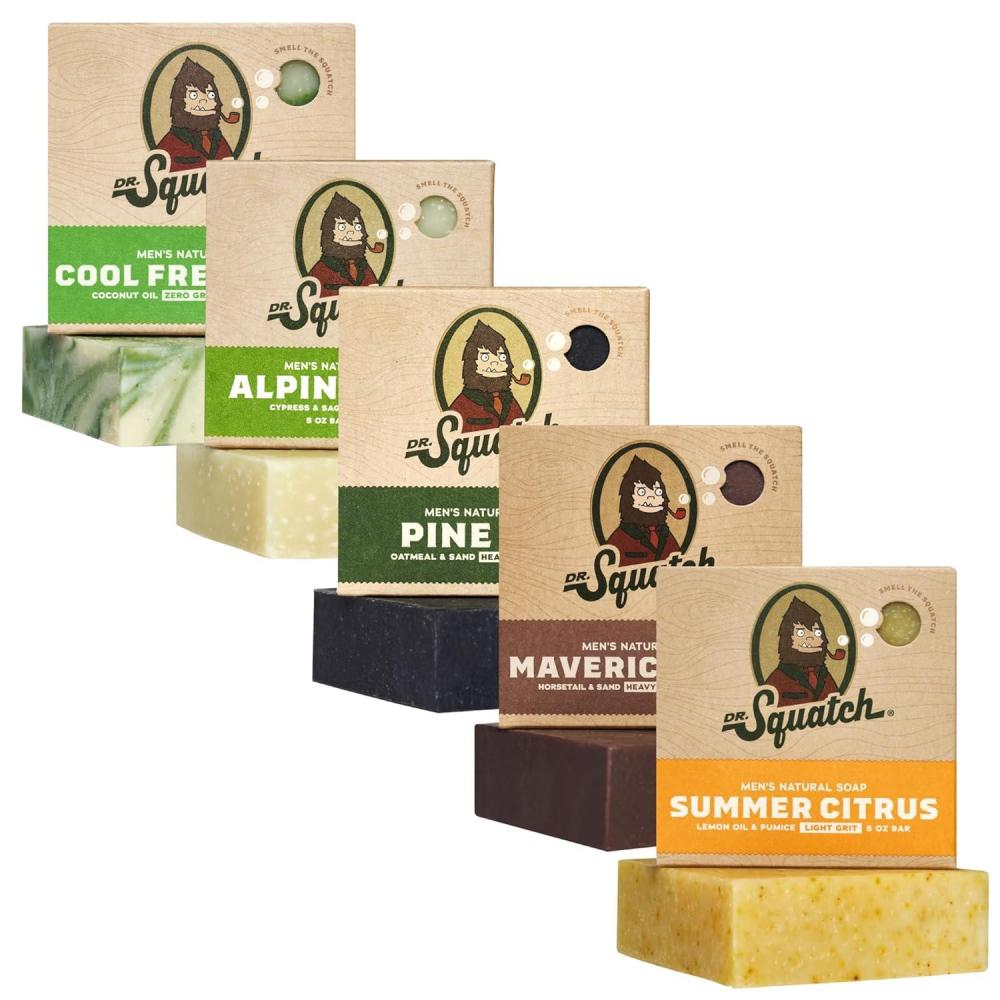 imageDr Squatch Natural Mens Bar Soap  Cold Process Body Soap Bar with Natural Oils  Gifts for Men  Coconut Castaway Wood Barrel Bourbon Fresh Falls Birchwood Breeze amp Coastal Mist 5 oz 5PackPinecrest Spark