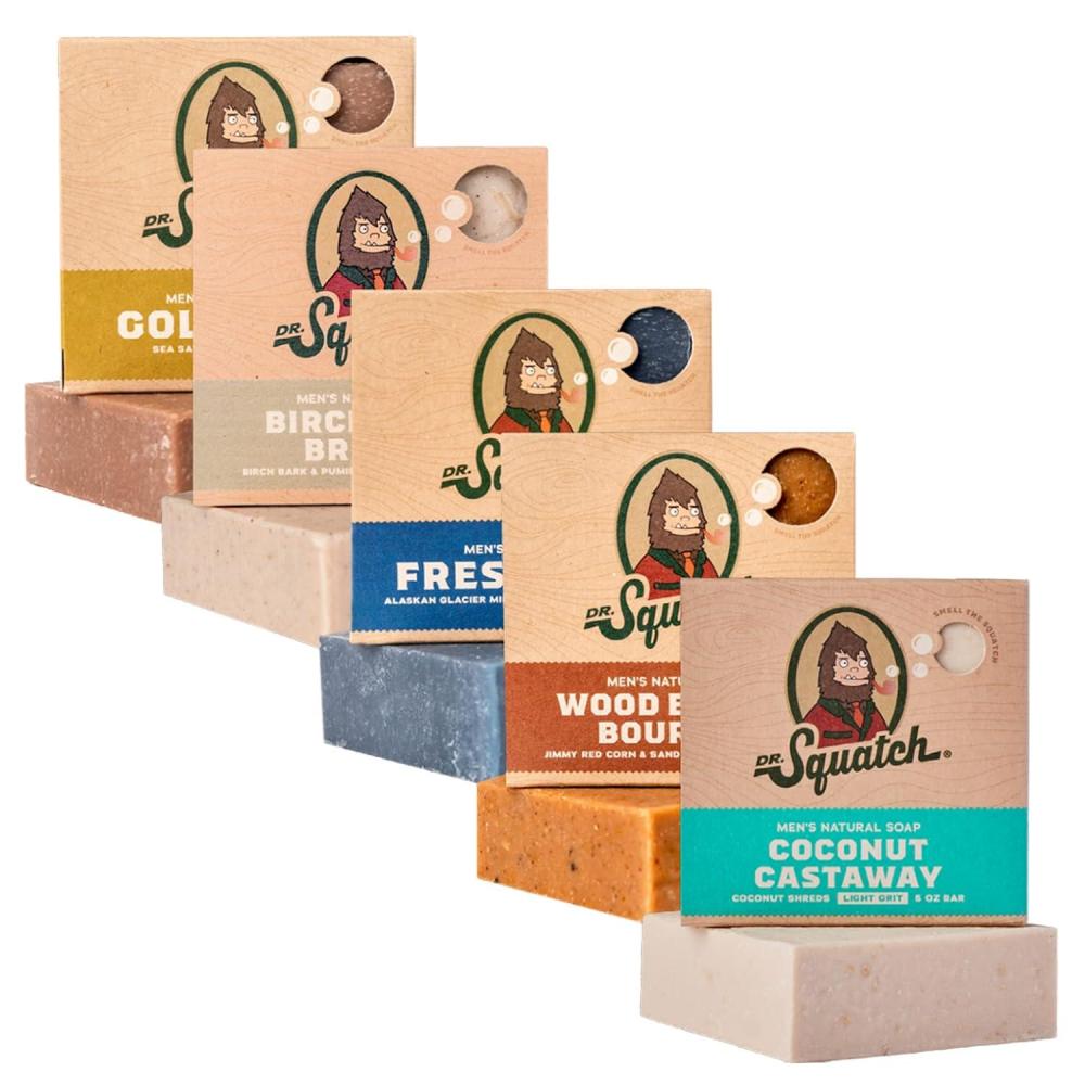 imageDr Squatch Natural Mens Bar Soap Cold Process Body Soap Bar with Natural Oils Gifts for Men Coconut Castaway Wood Barrel Bourbon Fresh Falls Birchwood Breeze amp Coastal Mist 5 oz 5PackMossy Retreat