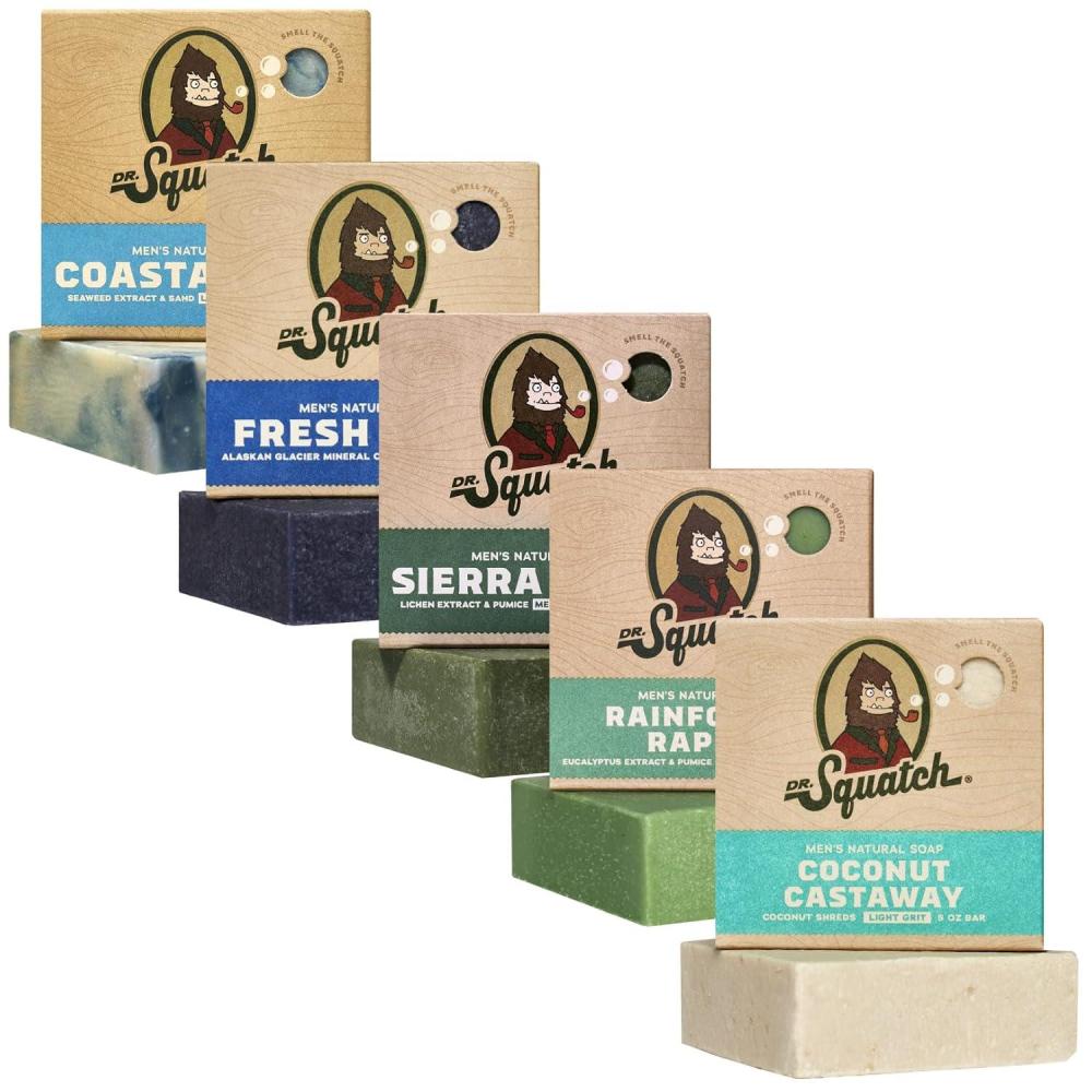 imageDr Squatch Natural Mens Bar Soap Cold Process Body Soap Bar with Natural Oils Gifts for Men Coconut Castaway Wood Barrel Bourbon Fresh Falls Birchwood Breeze amp Coastal Mist 5 oz 5PackFresh