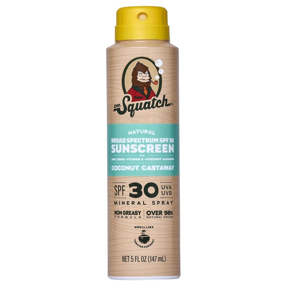 imageDr Squatch Natural Mens Sunscreen Spray SPF 30 Sunscreen for Face and Body Lightweight FastAbsorbing Coconut Castaway 5 fl oz
