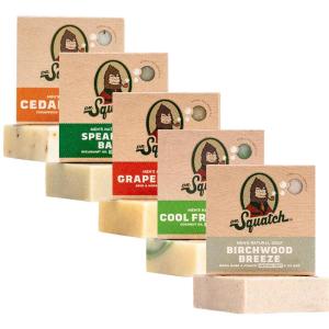 Dr. Squatch Natural Men’s Bar Soap – Cold Process Body Soap Bar with Natural Oils – Gifts for Men – Coconut Castaway, Wood Barrel Bourbon, Fresh Falls, Birchwood Breeze & Coastal Mist (5 oz, 5-Pack)(Woodland Zest)