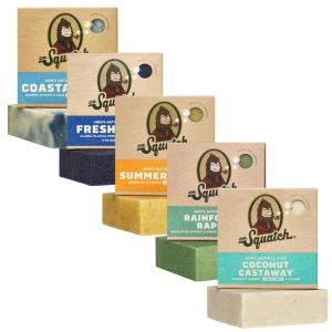 Dr. Squatch Natural Men’s Bar Soap – Cold Process Body Soap Bar with Natural Oils – Gifts for Men – Coconut Castaway, Wood Barrel Bourbon, Fresh Falls, Birchwood Breeze & Coastal Mist (5 oz, 5-Pack)(Sunbreak Shores)